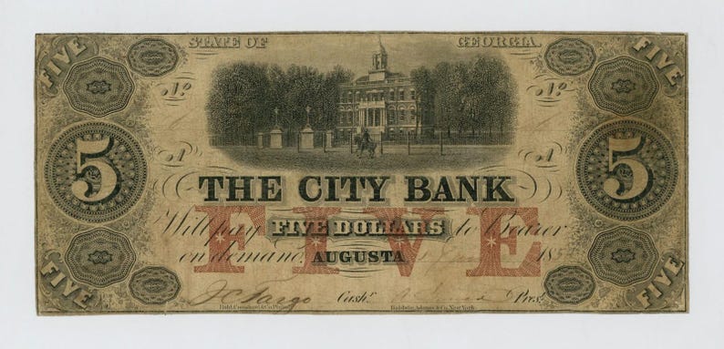 1850s 5 Dollar Georgia Bank Note Money Antique Currency image 1