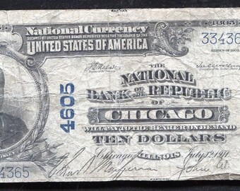 1902 10 Dollar Chicago Illinois National Bank Note Currency