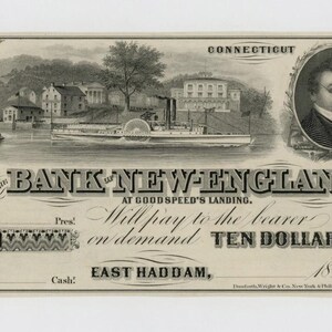 1850s-60s Ten Dollar Connecticut Bank Note Currency Money