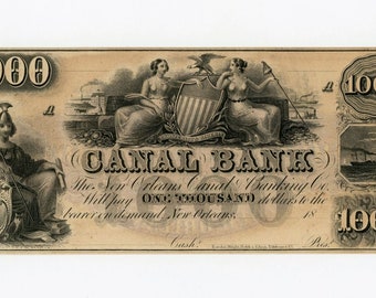 Jaren 1800 1000 Dollar New Orleans Louisiana Bankbiljet Valutageld