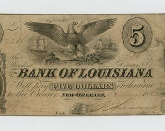 Civil War 5 Dollar Louisiana Bank Note Currency Money
