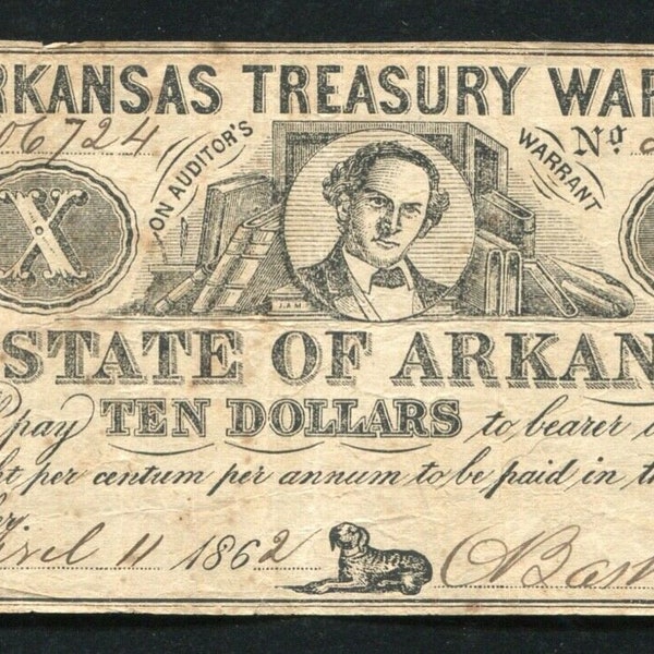 Civil War Era 1862 Ten Dollar Arkansas State Confederate Treasury Warrant Note Antique Currency Money