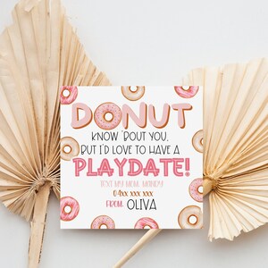 Donut Kinder Playdate Karten Sommer druckbare Kinder Visitenkarten Kontaktkarte Kinder spielen Datum einladen Kindergarten Printables Aktivitäten für Kinder
