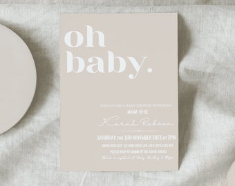 Oh Baby Shower Invitation, Baby Sprinkle Invitation, Gender Reveal, Simple Baby Shower, Unisex, Aesthetic, Baby-Q, Modern Baby, Minimal