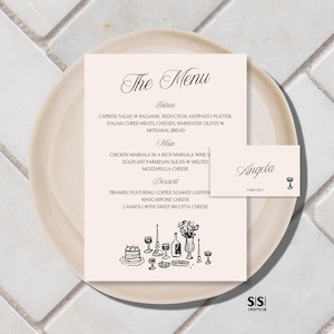 Illustrated Wedding Menu Cards Place Settings Template Fun Hand Drawn Rehearsal Dinner Menu Handwritten Wedding Stationery Name Place Cards