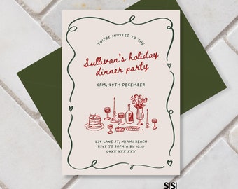 May include: A cream-colored invitation card with a green border and red text. The invitation is for a holiday dinner party hosted by Sullivan. The text reads "You're invited to the Sullivan's holiday dinner party 6PM, 25th December 134 Lane St, Miami Beach RSVP to Sophia by 10.10 04XX XXX XXX".