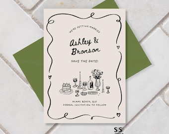 Illustrated Save The Date Invitation Template Scribble Illustrations Wedding Save Our Date Cards Champagne Tower Hand Drawn Save The Dates