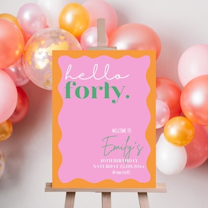 Wavy Hello Forty Birthday Sign Printable 40th Birthday Party Decor 40th Welcome Sign Custom 40th Birthday Poster 40th Birthday Decorations