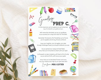 Carta de despedida del maestro, regalos personalizados para estudiantes, carta de despedida de fin de año para maestros, poema para niños, regalo de clase, impresión para estudiantes