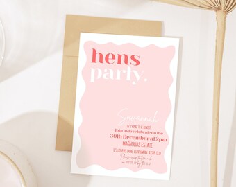 Retro Wavy Hens party bridal shower bachelorette invitation pink and red minimalistic wavey 90s party theme printable birthday invitation