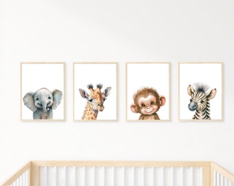 4er Set Safari Drucke Kinderzimmer Drucke Geschlecht Neutral Jungen Zimmer Mädchen Schlafzimmer Dekor Baby Dschungel Tiere Elefant Giraffe Affe Zebra Wandkunst