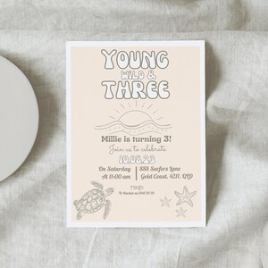 Kinder Strandeinladung Junge Wilde Drei 3rd Einladung Hippie Meeresschildkröte Geburtstag Dritte Surf&#39;s Up Surfing Beach Party Eco INSTANT DOWNLOAD