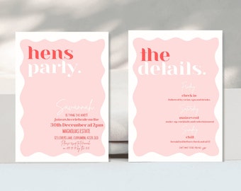Wavy Hens party bridal shower bachelorette invitation pink and red minimalistic wavey 90s theme party printable bride to be personalized