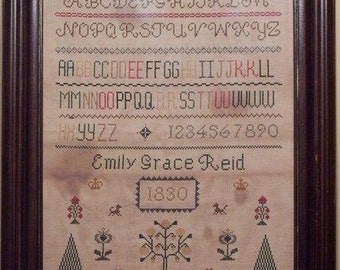 Primitive Cross Stitch Sampler Chart, folk-art schoolgirl sampler chart, Emily Grace Reid