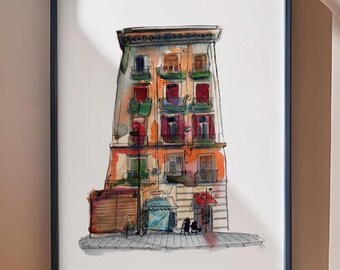 Naples Italy wall art Napoli travel memory keepsake colourful Italian building print Amalfi Coast architecture artwork entrance hall decor