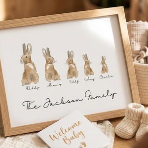 Personalised Bunny family print custom rabbit nursery decor woodland nursery wall art baby shower gift idea new baby or adoption prints image 1