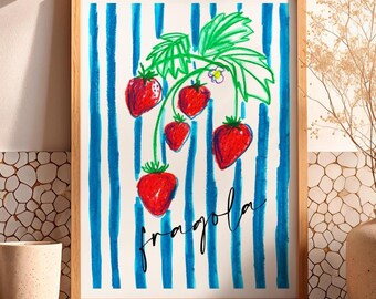 Strawberry art print fruit wall decor fragola wall art framed kitchen gallery wall art trendy blue stripe print summer home decor