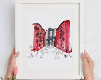 イーストリバーの絵画、ニューヨークの水彩画、ブルックリン橋