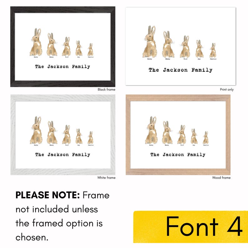 Personalised Bunny family print custom rabbit nursery decor woodland nursery wall art baby shower gift idea new baby or adoption prints Font 4