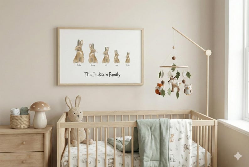 Personalised Bunny family print custom rabbit nursery decor woodland nursery wall art baby shower gift idea new baby or adoption prints image 4