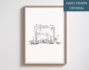 Belfast original drawing Harland and Wolff Shipyard Cranes black and white pen line artwork H&W Northern Ireland original wall art