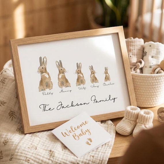 Personalised Bunny family print custom rabbit nursery decor woodland nursery wall art baby shower gift idea new baby or adoption prints