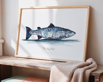 Belfast Big Fish print landmarks in Northern ireland art framed famous irish sculpture gallery wall Salmon of Knowledge watercolour painting