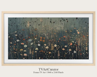 Samsung Frame TV Art | Dark Contemporary Floral Grass Field Oil Painting Flower Art | Art for Frame TV, 4K Digital TV Download