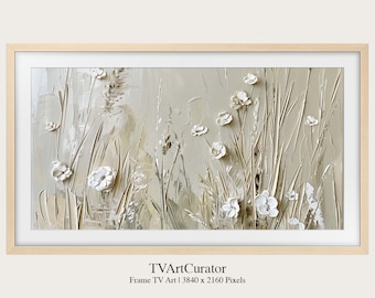 Samsung Frame TV Art | Contemporary White Floral Oil Painting Flower Art | Art for Frame TV, 4K Digital TV Download