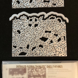 May include: Two silver metal die cuts with a detailed floral design. The die cuts are for crafting and scrapbooking. The package says "DETAILED FLORAL THINLITS™ DIES (141482)".