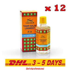 Peut inclure: Un pack de 12 flacons de liniment Tiger Balm, chacun contenant 28 ml de liniment. Les flacons sont orange et jaunes avec un logo de tigre et des caractères chinois. L'emballage est également orange et jaune avec le même logo de tigre et les mêmes caractères chinois. Le texte sur l'emballage indique "Tiger Balm Liniment" et "虎油".
