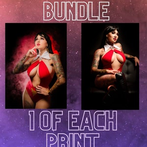 May include: Print bundle featuring two images of a woman in a red costume. The woman is posing in different ways, one with a smoky background and the other in a more dramatic pose. The text "PRINT BUNDLE" is at the top of the image and "1 OF EACH PRINT" is at the bottom.