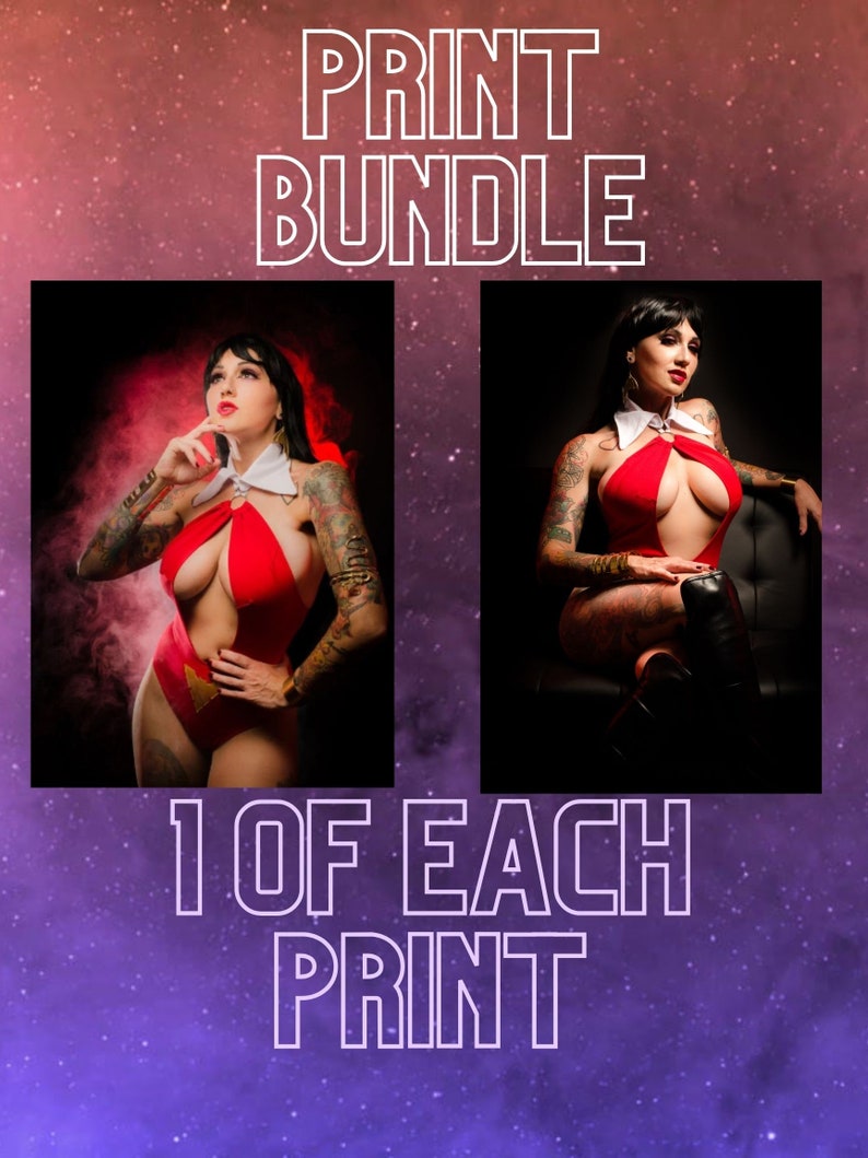 May include: Print bundle featuring two images of a woman in a red costume. The woman is posing in different ways, one with a smoky background and the other in a more dramatic pose. The text "PRINT BUNDLE" is at the top of the image and "1 OF EACH PRINT" is at the bottom.