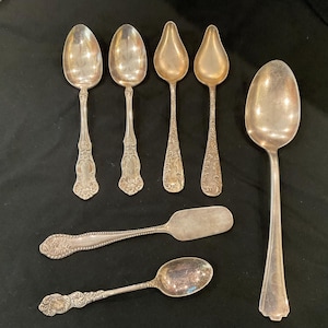 7 Antique Decorative Flatware Silver Plate Flatware Imperial, RC Co, Liquid, Simmeonl & George H Rogers Coin and Silver