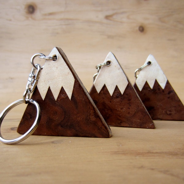 Wooden keyring  keychain  key fob. Mountains. Covered on both sides by real wood veneers. Snow capped mountain design.