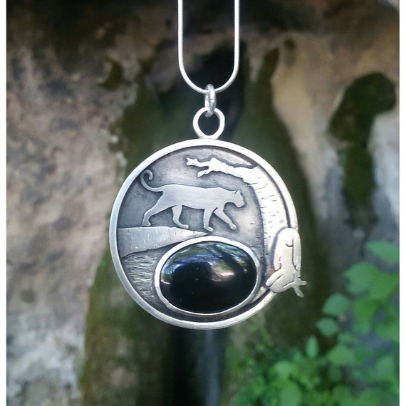 Colgante jaguar de plata, collar guía espiritual, joyas animales de poder, talismán pantera de plata, amuleto con obsidiana