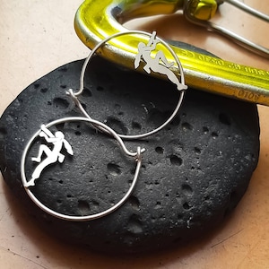 Silver Rock Climber Girl hoops, climbing woman gift, rock climbing earrings