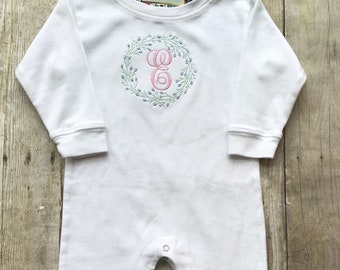 Monogram Long Sleeve Romper - Personalized Girls Rosebud Wreath - Pink and Blue