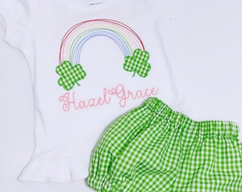 St. Patrick's Day Outfit - Personalized - Rainbow - Shirt and Bloomers - Monogrammed - Embroidered - Gingham - Check
