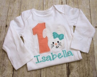 Personalized Bunny first birthday outfit , 1st  birthday Bunny outfit - Peach and Aqua -Toddler girl,  Baby Girl Personalized , 1st Birthday