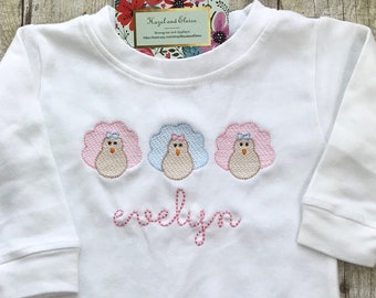 Thanksgiving Turkey Trio Romper Bodysuit or Shirt - Personalized - Pink and Blue - Child's Fall Outfit - Monogrammed