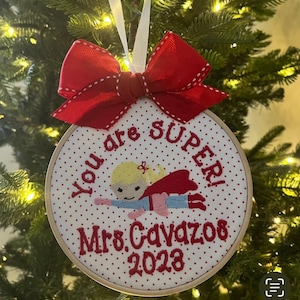 Super Teacher - Personalized Christmas Ornament - Monogrammed - Embroidered - 5 inch hoop