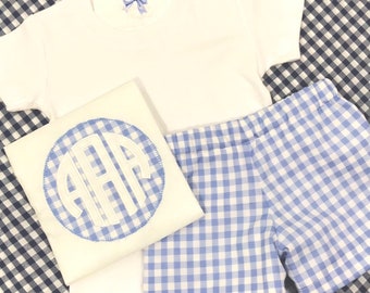 Blue and White Check Boys Monogrammed Shirt and Shorts Set - Boy Outfit