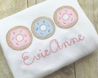 Donuts Trio - Monogrammed Girls Personalzied Shirt - Pink and Blue - Personalized Girls Shirt - Windowpane Check Doughnut Trio