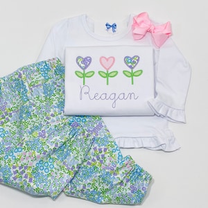 Girl's Valentine's Day - Personalized - Heart Flower Trio - Hearts - Floral - Flowers - Shirt and Pants - Outfit - Bubble Pants