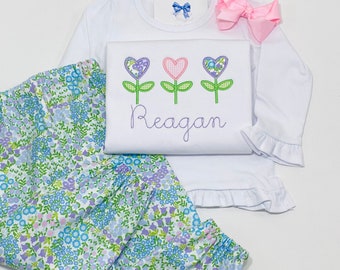 Girl's Valentine's Day - Personalized - Heart Flower Trio - Hearts - Floral - Flowers - Shirt and Pants - Outfit - Bubble Pants