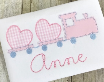 Girl's Personalized Valentine's Day Train Shirt - Monogrammed Girl's Heart Shirt - Pink and White