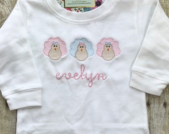 Thanksgiving Turkey Trio Romper Bodysuit or Shirt - Personalized - Pink and Blue - Child's Fall Outfit - Monogrammed