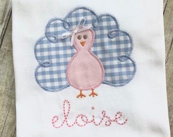 Thanksgiving Turkey Shirt - Personalized - Pink and Blue Buffalo Check - Child's Fall Outfit - Monogrammed