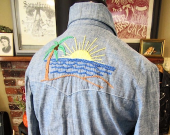 Vintage Embroidered Denim (Chambray) Shirt. Flowers, Sunset and Palm Tree